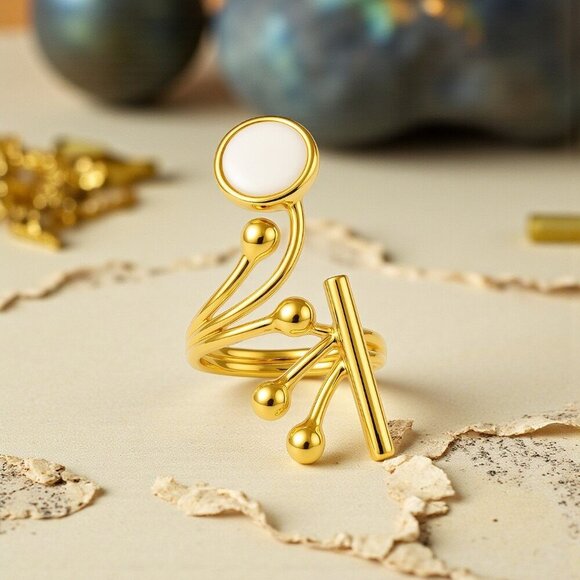 🆕Boho Chic Cocktail Ring 18K Gold Plated Brass With Glass Pearl Adjustable - Picture 10 of 13
